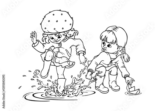 A girl with two kittens, squatting down to lift a paper boat out of a puddle, looks with displeasure at a girl in a beret, who is happily jumping, splashing and happily stomping in a puddle after the 