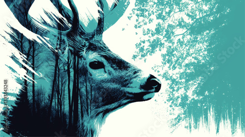 Stunning Vector Illustration of Elegant Deer Blended with Majestic Forest Landscape in Blue and White Artistic Double Exposure Style for Nature Wildlife Design Concept