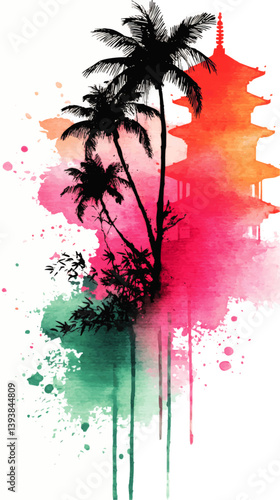 Tropical Watercolor Vector Illustration with Palm Trees and Pagoda Silhouette in Vibrant Pink Orange and Teal Colors Ideal for Summery Exotic Design Backgrounds