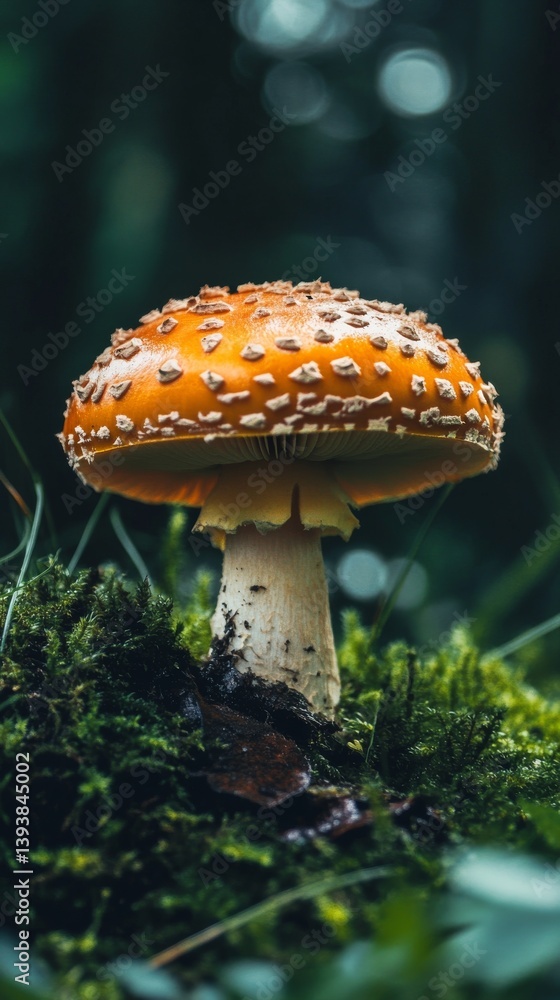 Obraz premium Closeup of a red and white spotted mushroom in the forest.