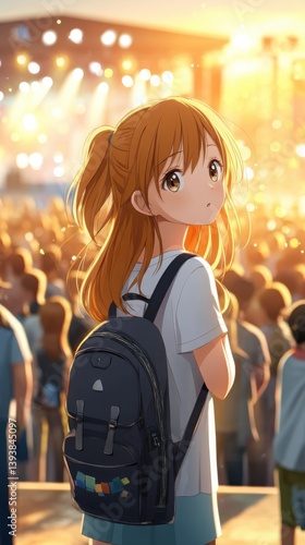 A vibrant anime-style girl with a backpack attends a lively high school festival at sunset, enjoying the energetic atmosphere and bright lights of the outdoor concert.