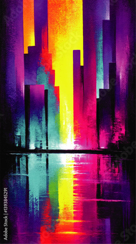 Vibrant Abstract Vector Cityscape Skyline with Neon Light Reflections and Colorful Urban Skyscraper Silhouettes Digital Painting Background Design Illustration