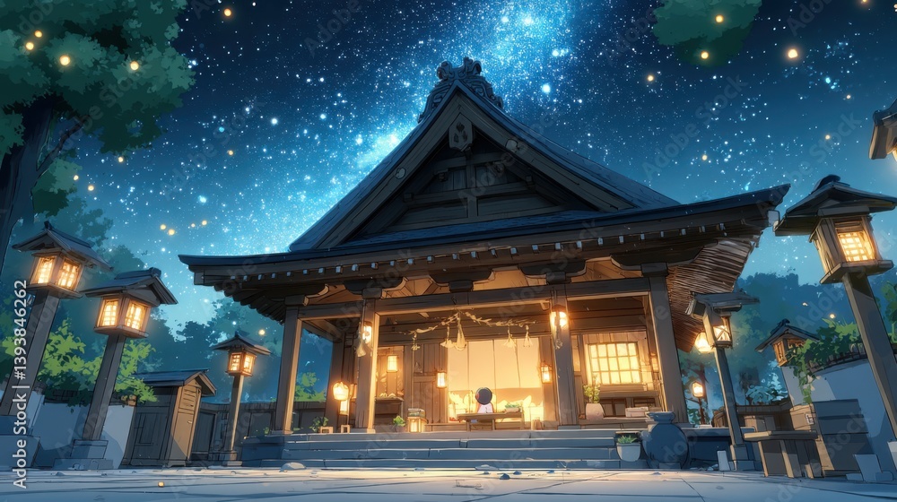 Obraz premium A serene anime-style temple bathed in the soft glow of lanterns under a breathtaking night sky filled with stars, offe a peaceful and tranquil scene perfect for digital art and