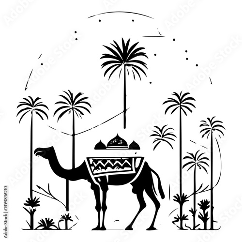 Serene desert landscape with camel, palm trees in a stylized monochrome vector illustration