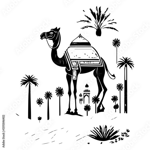 Stylized Camel Silhouette Amidst Date Palms in a Desert Oasis Illustration