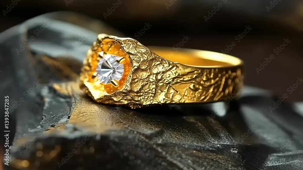 Stunning gold ring with a large diamond set against a dark, textured background, showcasing luxury Stunning gold ring with a large diamond set against a dark, textured background, showcasing luxury