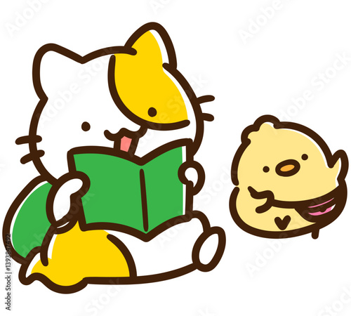 仲良く旅行を楽しむねことひよこのキャラクターのかわいいデフォルメイラスト