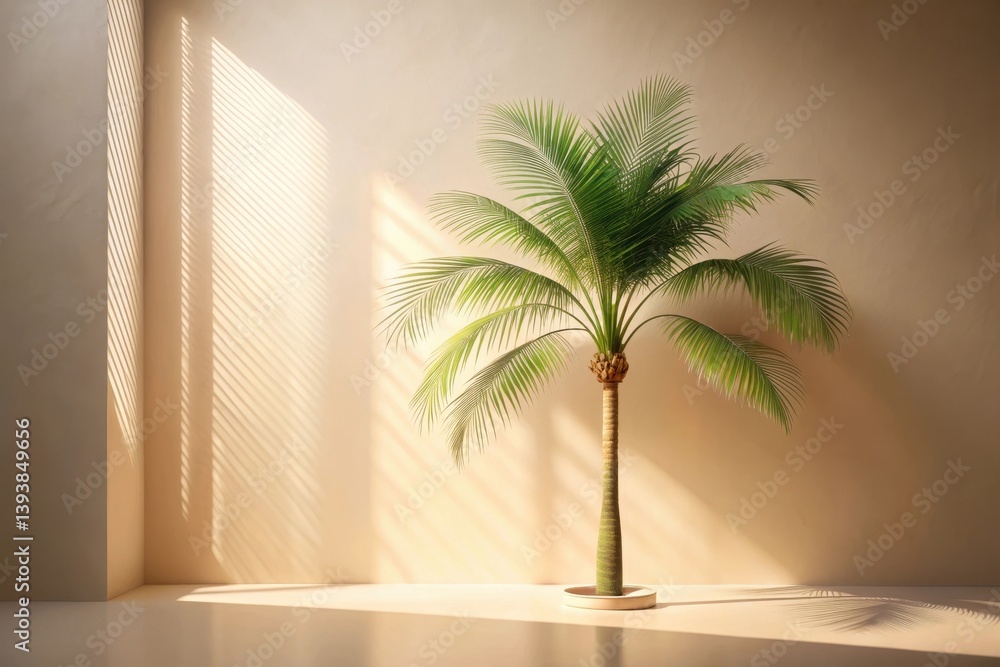 Fototapeta premium Serene Minimalist Interior Design Featuring a Lush Indoor Palm Tree Basking in Sunlight Streaming Through Window Blinds