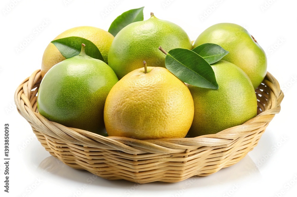 A wicker basket filled with ripe pomelos of varying shades of green and yellow, adorned with fresh green leaves A wicker basket filled with ripe pomelos of varying shades of green and yellow, adorned with fresh green leaves