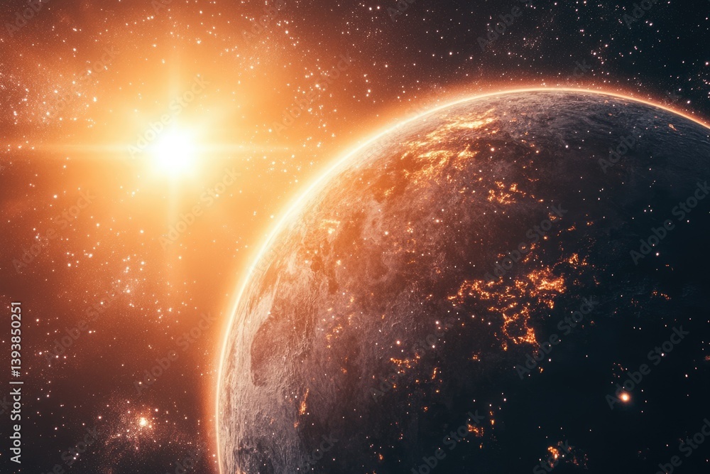 Obraz premium A radiant sun illuminates a vibrant, Earth-like planet, showcasing its illuminated continents and starry backdrop.