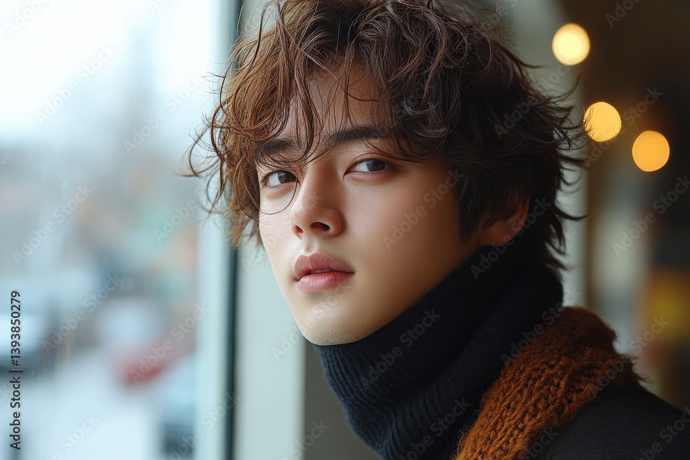 Young man with curly brown hair, wearing a turtleneck sweater, gazes intently at the camera Young man with curly brown hair, wearing a turtleneck sweater, gazes intently at the camera
