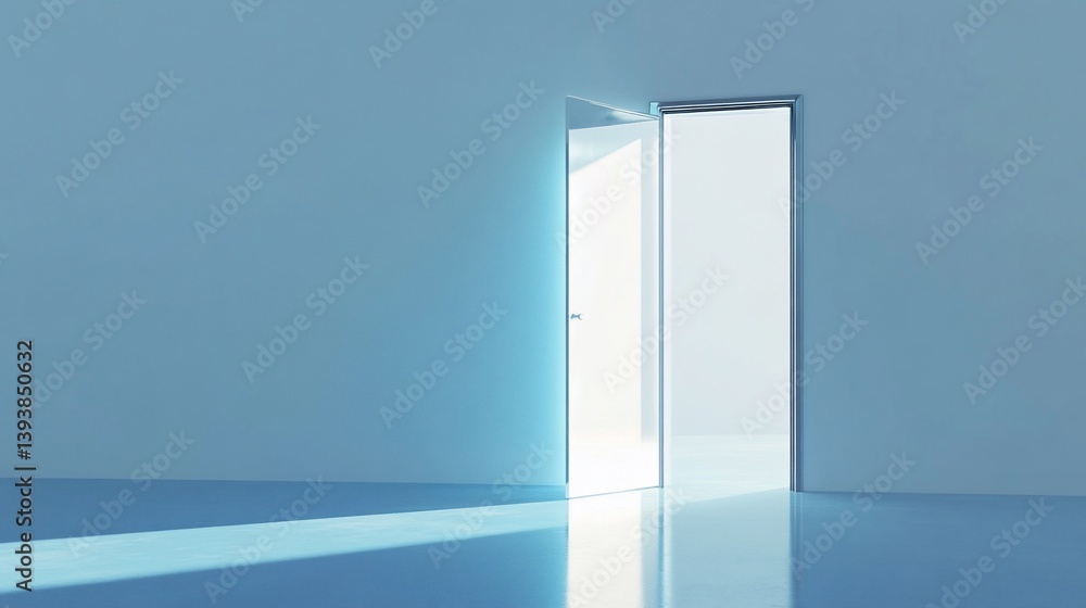 Open door with bright light in blue minimalist room inviting opportunity Open door with bright light in blue minimalist room inviting opportunity