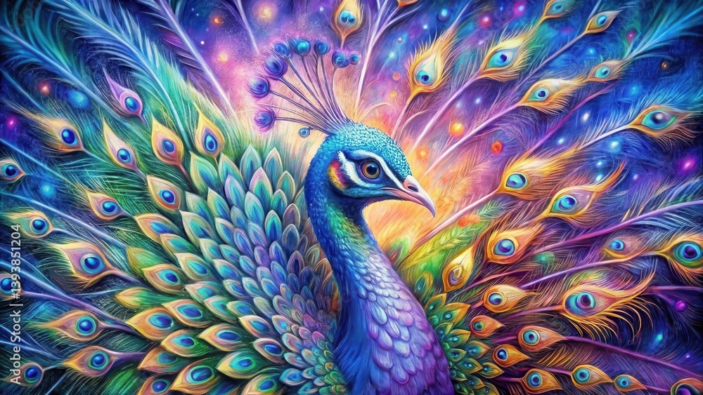 Fototapeta premium Vibrant Peacock with iridescent plumage displaying a majestic tail in a cosmic, fantasy setting
