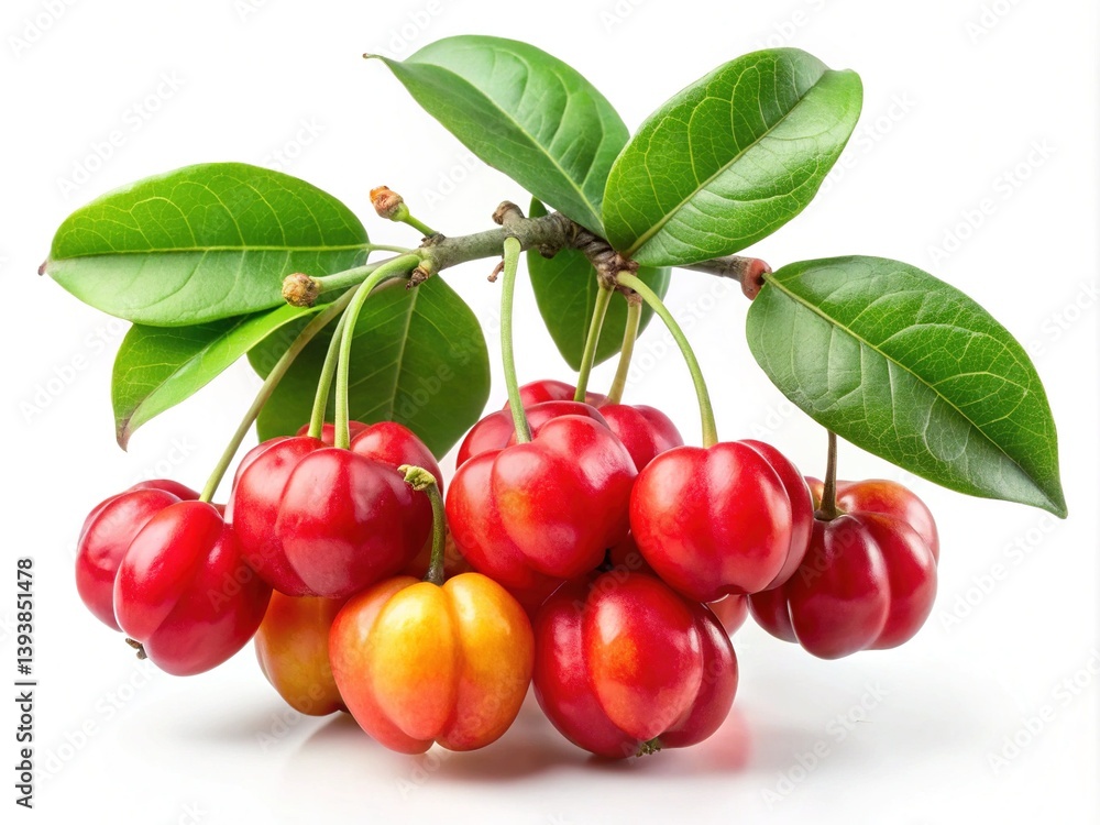 Obraz premium A Bunch of Ripe Acerola Cherries on the Branch with Green Leaves Isolated on White Background