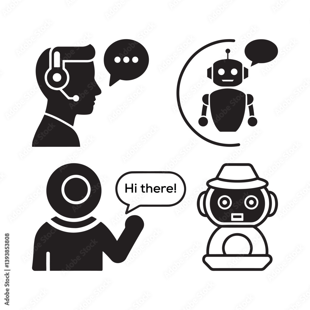 AI Assistant Silhouette Vector Icon Set – Artificial Intelligence Chatbot, Customer Support, Virtual Assistant, and Robotic Bot Communication Icons for Technology, UX, and App Design Projects AI Assistant Silhouette Vector Icon Set – Artificial Intelligence Chatbot, Customer Support, Virtual Assistant, and Robotic Bot Communication Icons for Technology, UX, and App Design Projects