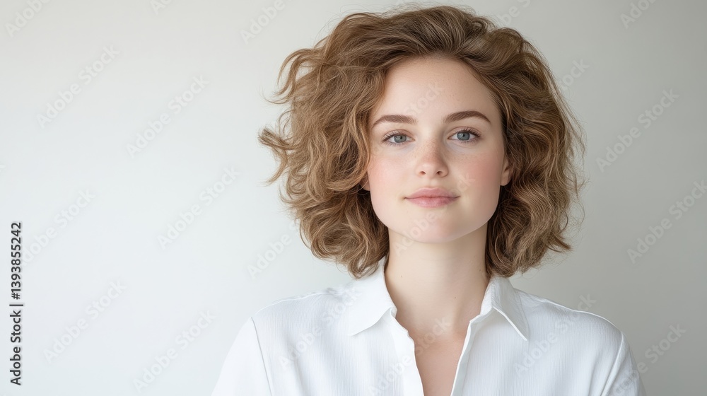 Young woman with curly hair in a white shirt (1)