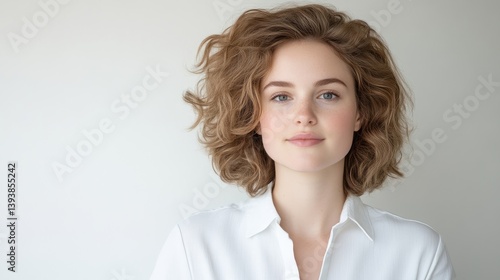 Obraz na płótnie Young woman with curly hair in a white shirt (1) w salonie
