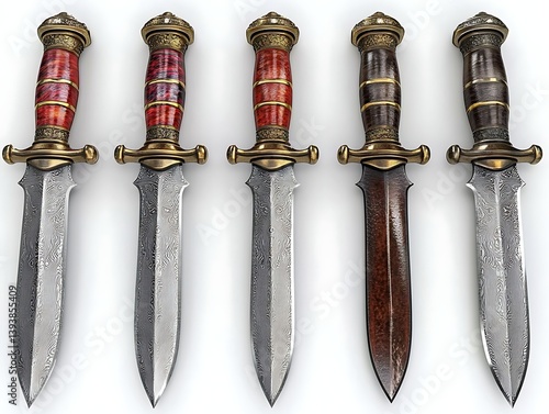 Five ornate daggers with decorative handles displayed on white background.  Possible use for showcasing craftsmanship