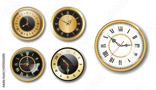 Set of Realistic Vintage Clock golden colored or Ornate Clock Hands Collection isolated.