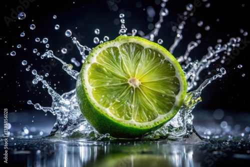 Lime wedge splashing into water, a vibrant burst of citrus freshness against a dark background