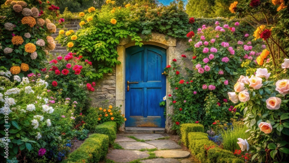 Vibrant floral garden scene with a charming blue door entrance, showcasing a picturesque pathway bordered by meticulously manicured hedges and a profusion of colorful blossoms. Vibrant floral garden scene with a charming blue door entrance, showcasing a picturesque pathway bordered by meticulously manicured hedges and a profusion of colorful blossoms.