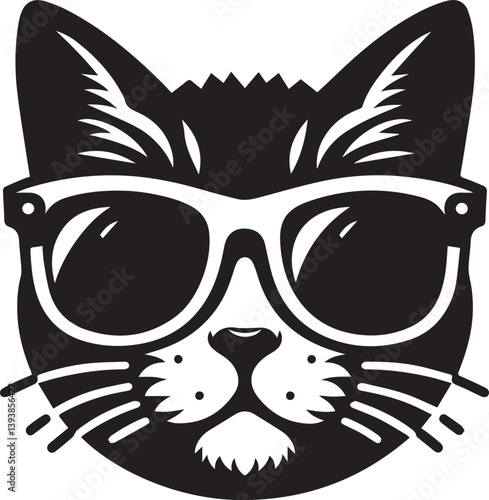 black cat with sunglasses, cat with sunglasses head vector illustration, cat with sunglasses silhouette vector black and white