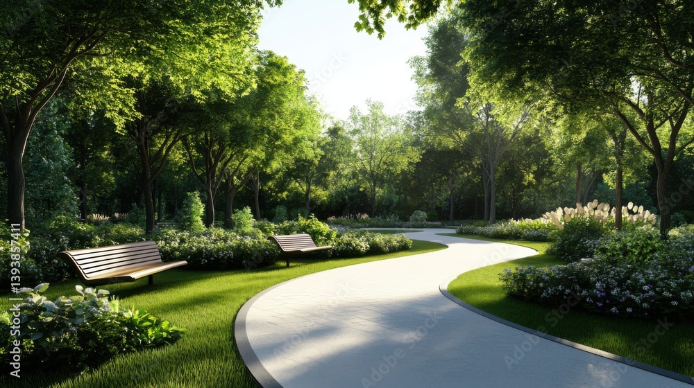 Fototapeta premium Serene Pathway Through Lush Green Trees and Flowering Plants