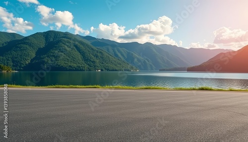 Fototapeta Naklejka Na Ścianę i Meble -  Asphalt square near serene lake, green mountains under blue sky, sky, view