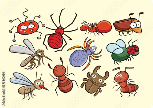 Funny insect cartoon illustration set