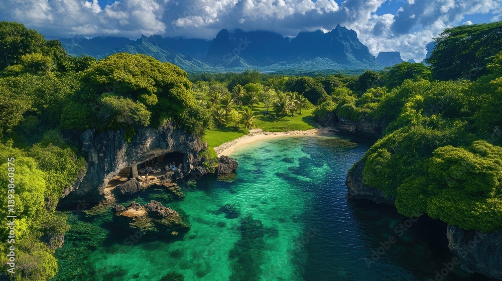 Secluded Tropical Cove. Lush greenery surrounds a pristine beach cove, with crystal-clear turquoise water. Mountains rise in the background Secluded Tropical Cove. Lush greenery surrounds a pristine beach cove, with crystal-clear turquoise water. Mountains rise in the background