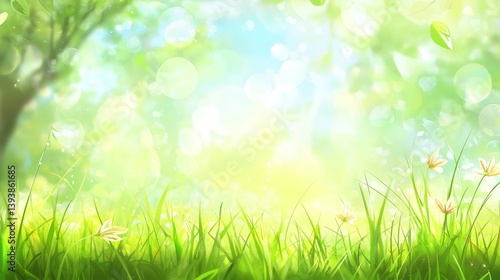 Spring green grass with soft blurred background, natural bokeh effect creating a serene and peaceful atmosphere for a fresh, vibrant outdoor scene.