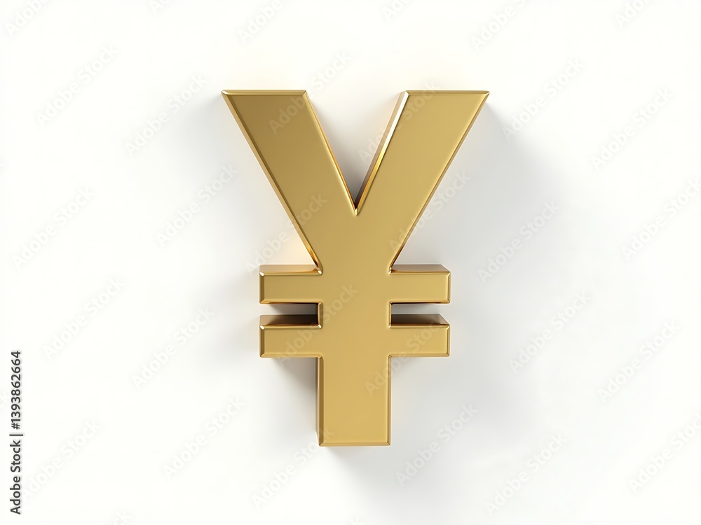Obraz premium 3D rendering of a gold yen symbol with a reflective metallic surface. Positioned at an angle, sharp edges, and subtle shadows on a white background for a bold effect.
