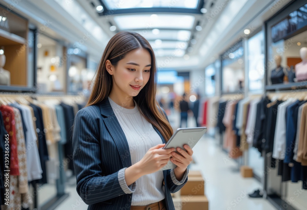 woman working in a stylish fashion store, interacting with a tablet device. She stands near a blurred backdrop of upscale clothing racks in a brightly lit shopping mall. woman working in a stylish fashion store, interacting with a tablet device. She stands near a blurred backdrop of upscale clothing racks in a brightly lit shopping mall.