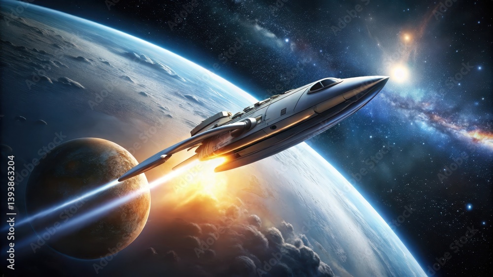 A futuristic spacecraft accelerates through the cosmos, leaving a radiant trail as it navigates a celestial landscape A futuristic spacecraft accelerates through the cosmos, leaving a radiant trail as it navigates a celestial landscape