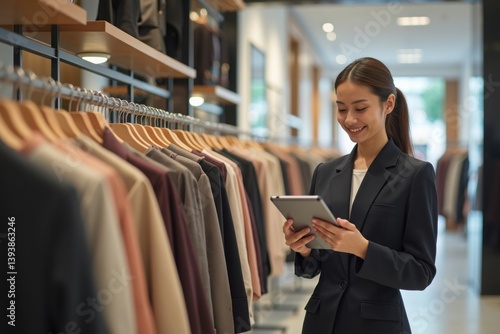 A female retail staff member using a tablet , standing inside a modern clothing boutique in a shopping mall. The background is softly blurred, showcasing neatly arranged racks of luxury garments.