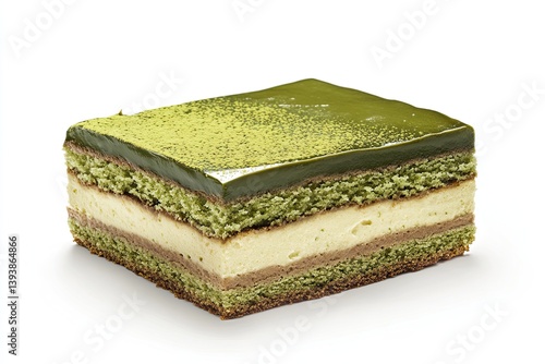 A realistic photo of Matcha Opera Cake, hyper-realistic, isolated on white