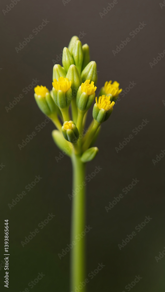 Naklejka premium Close-up of a vibrant yellow flower bud, a delicate marvel of nature. The flower's vibrant petals and intricate structure are on full display against the subtle backdrop. 