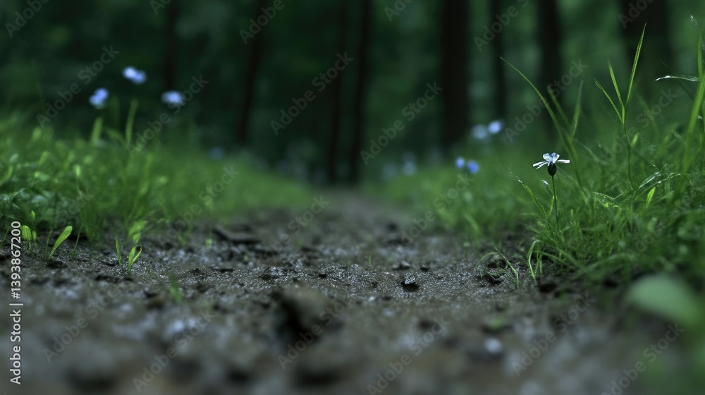 Forest path in springtime. Wet, earthy trail through lush greenery. Small wildflowers dot the grassy edge Forest path in springtime. Wet, earthy trail through lush greenery. Small wildflowers dot the grassy edge