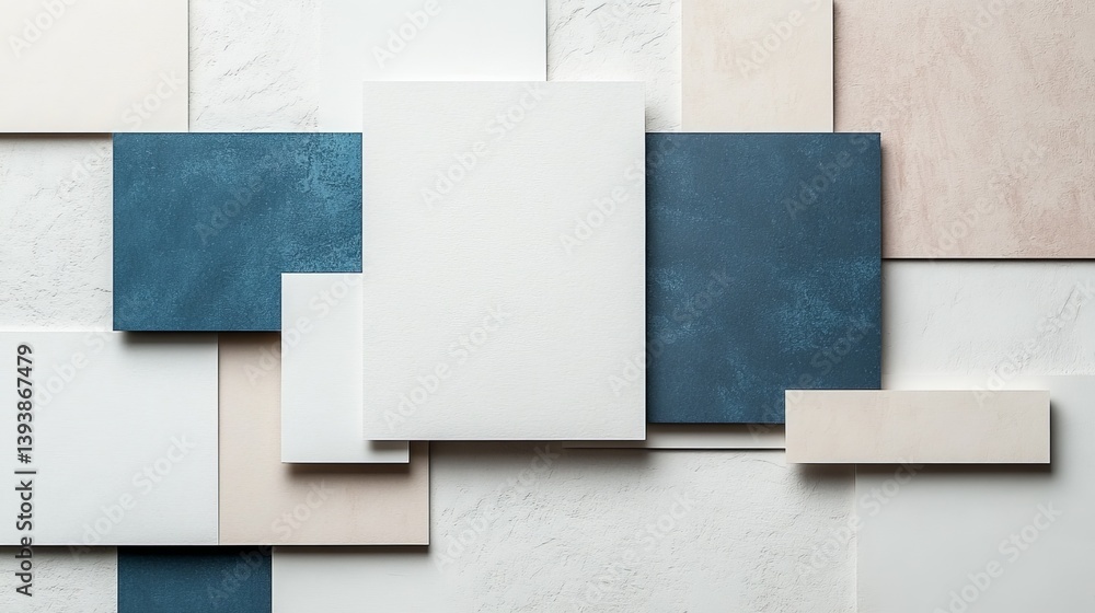 Fototapeta premium Minimalist academic PowerPoint background with white canvas, large white space, geometric shapes, linear charts, soft gradient colors in blue, grey, and beige tones, and subtle paper texture layers.