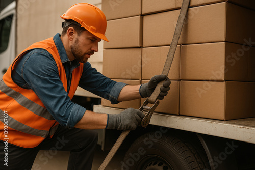 Worker securing cargo with straps on delivery truck for safe transport