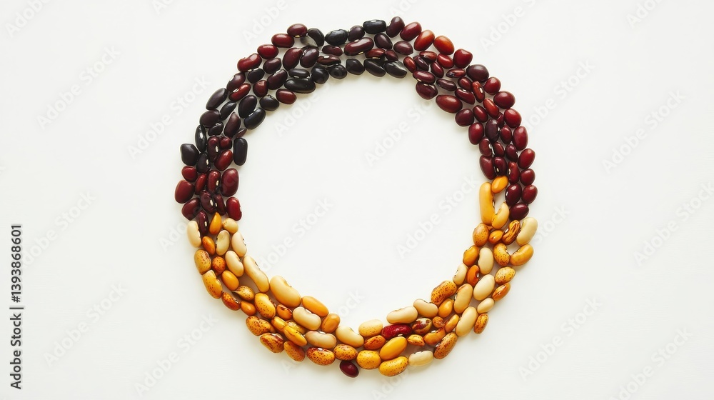 Obraz premium Colorful Arrangement of Various Beans Forming a Circular Pattern on a White Background