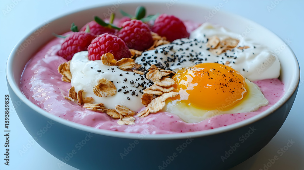 Pink Raspberry Smoothie Bowl with Yogurt Granola and Eggs