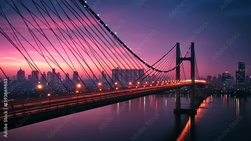 Sunset over a city bridge with illuminated cables reflecting in the water, showcasing urban beauty Sunset over a city bridge with illuminated cables reflecting in the water, showcasing urban beauty