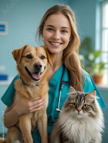 Smiling young veterinarian holding a happy golden retriever and a fluffy cat in a bright clinic, showcasing compassion and care in a professional animal healthcare setting
