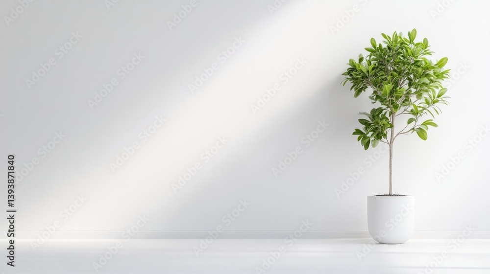 Fototapeta premium Indoor Plant in White Pot Minimalist Style High-resolution Bright Lighting Wide Landscape View Lush Green Foliage Peaceful Atmosphere White Background Serene Mood Ideal for Home Decor Websites