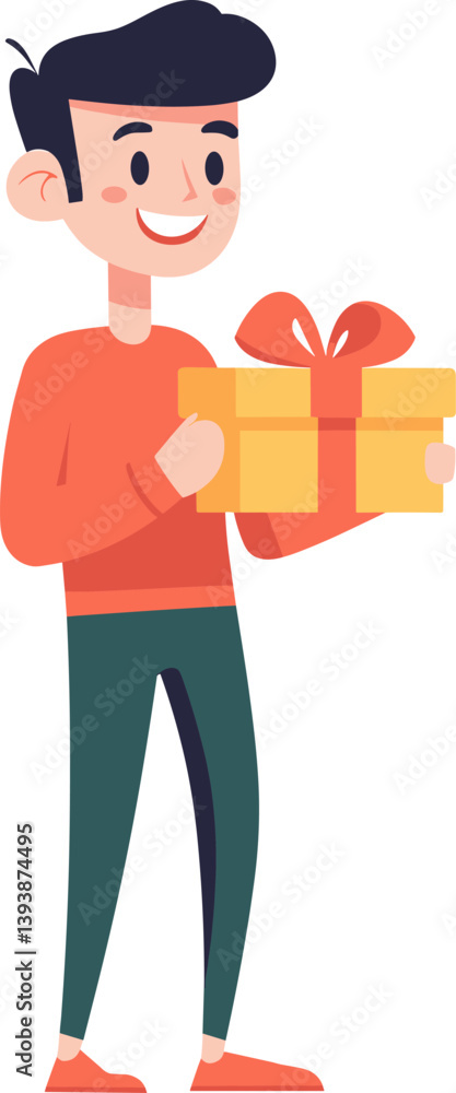 Happy young man holding a gift box with a bright smile cartoon isolated on transparent background. Vector illustration. Happy young man holding a gift box with a bright smile cartoon isolated on transparent background. Vector illustration.