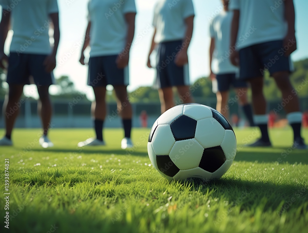 Close-up of a black and white football on a professional field with group of players in background, representing team unity, game strategy, and sports competition atmosphere
Close-up of a black and white football on a professional field with group of players in background, representing team unity, game strategy, and sports competition atmosphere