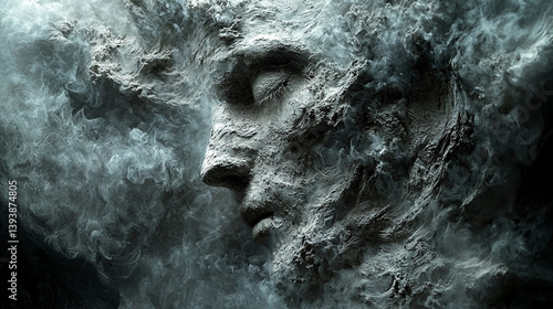 Stone face dissolving in smoke; abstract art