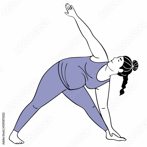 A serene plus-size woman finds inner peace and strength in a graceful yoga pose, a simple line drawing capturing body positivity and mindful movement.