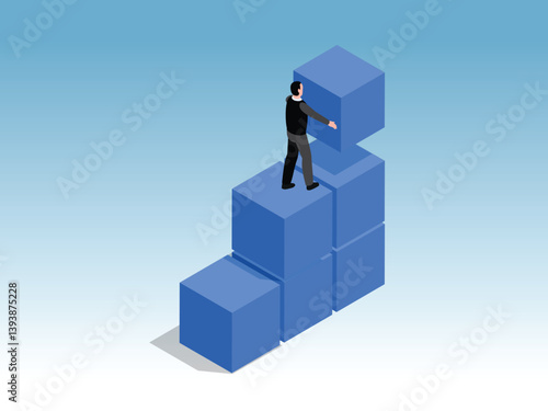 businessman building a structure by stacking large blue cubes or blocks